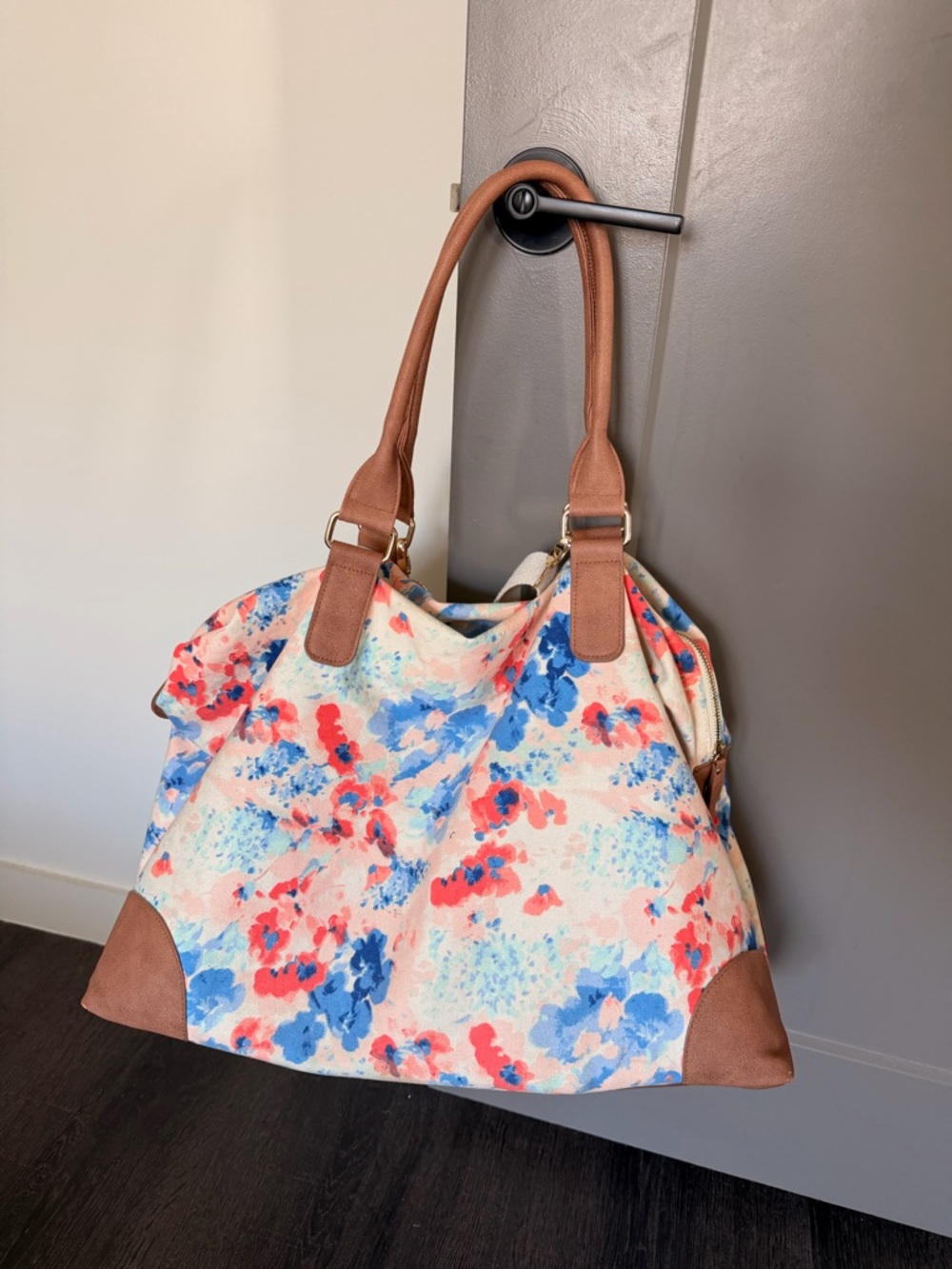 Floral Canvas Tote Bag with Brown Leather Accents